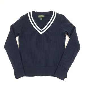 Ralph Lauren Cable Knit Tennis Sweater M navy Blue VNeck cotton Preppy old money